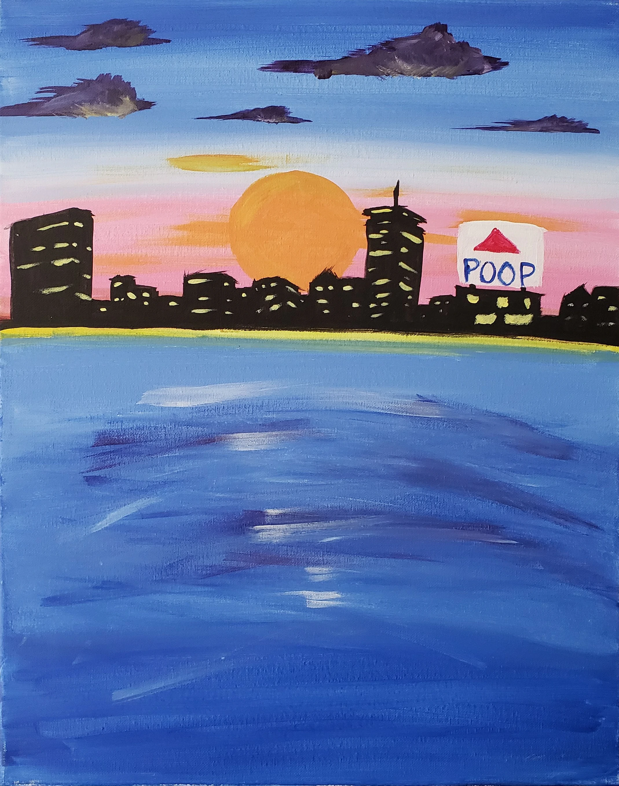 Painting of the boston skyline looking across the water during sunset