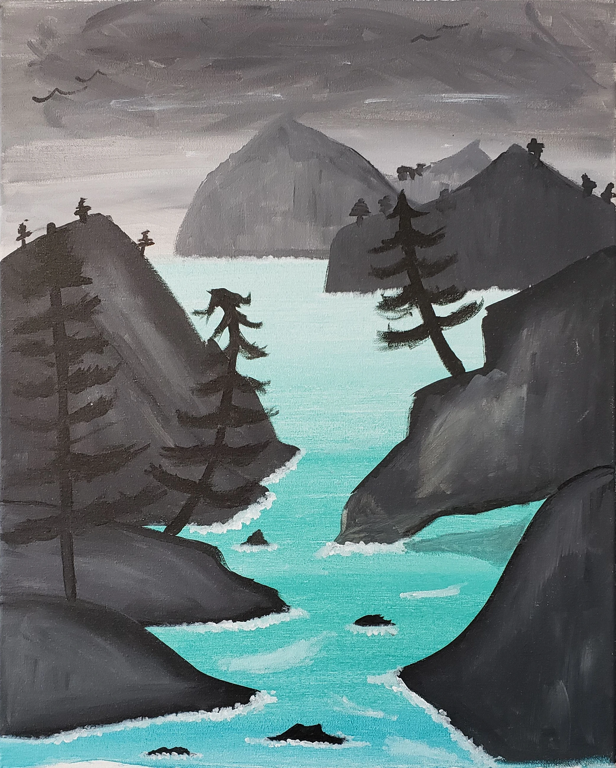 Landscape painting of a gray, misty cove with trees and light blue water